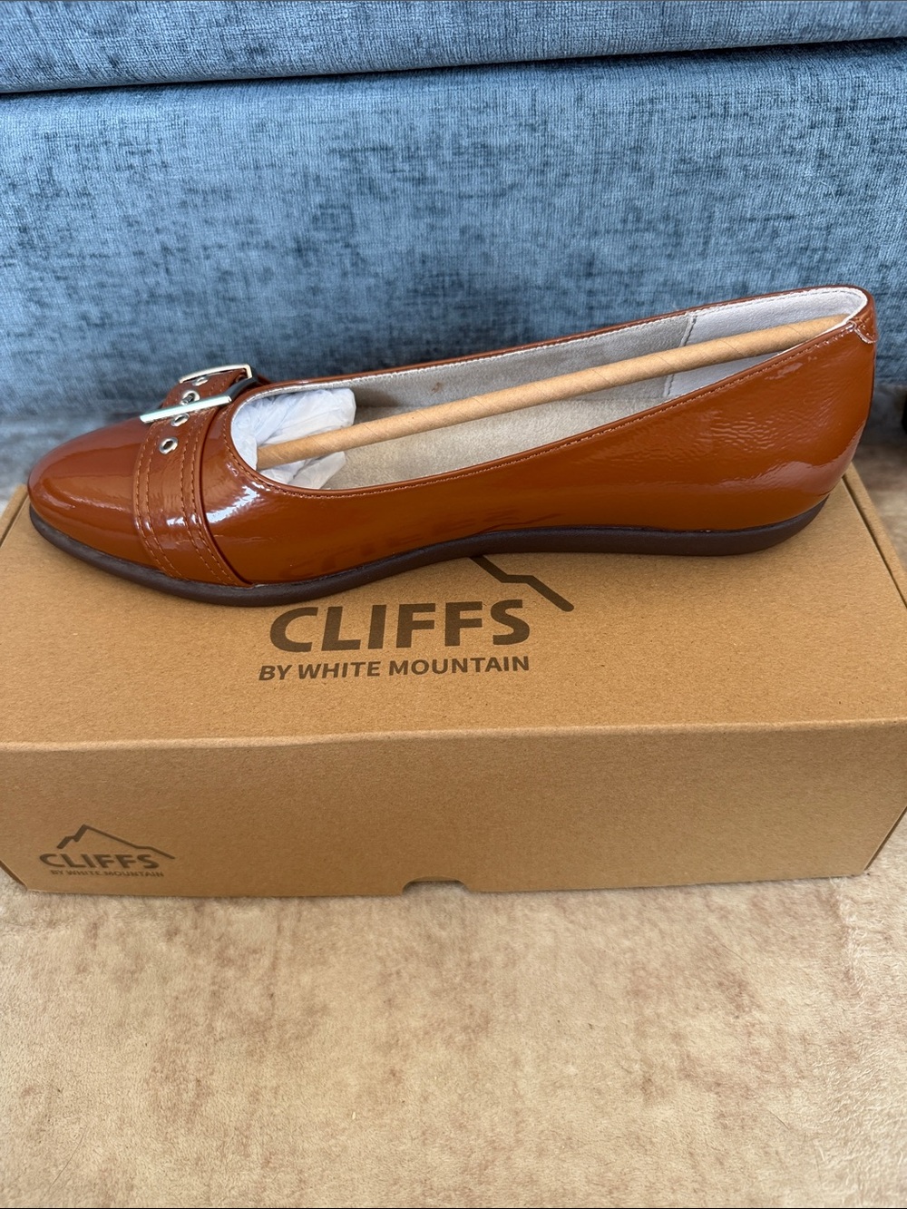 Cliffs by WHITE MOUNTAIN Miliani Cognac Patent Ballet Flat with Buckle Accent